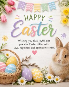 Colorful Easter greeting card with pastel eggs, flowers, and a cute bunny, featuring the text “Happy Easter” and a joyful spring message.