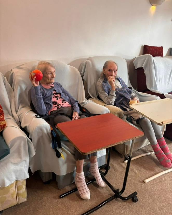 Two residents enjoying a gentle ball game together in a care home lounge.