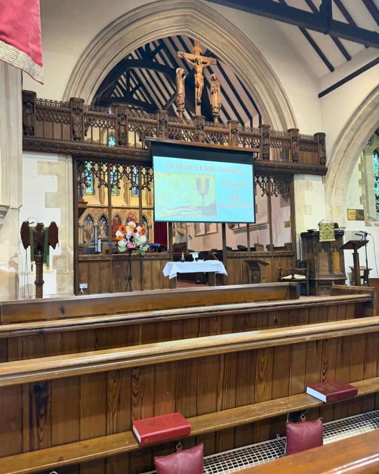 Interior of St Mark’s Church prepared for a Holy Communion service.