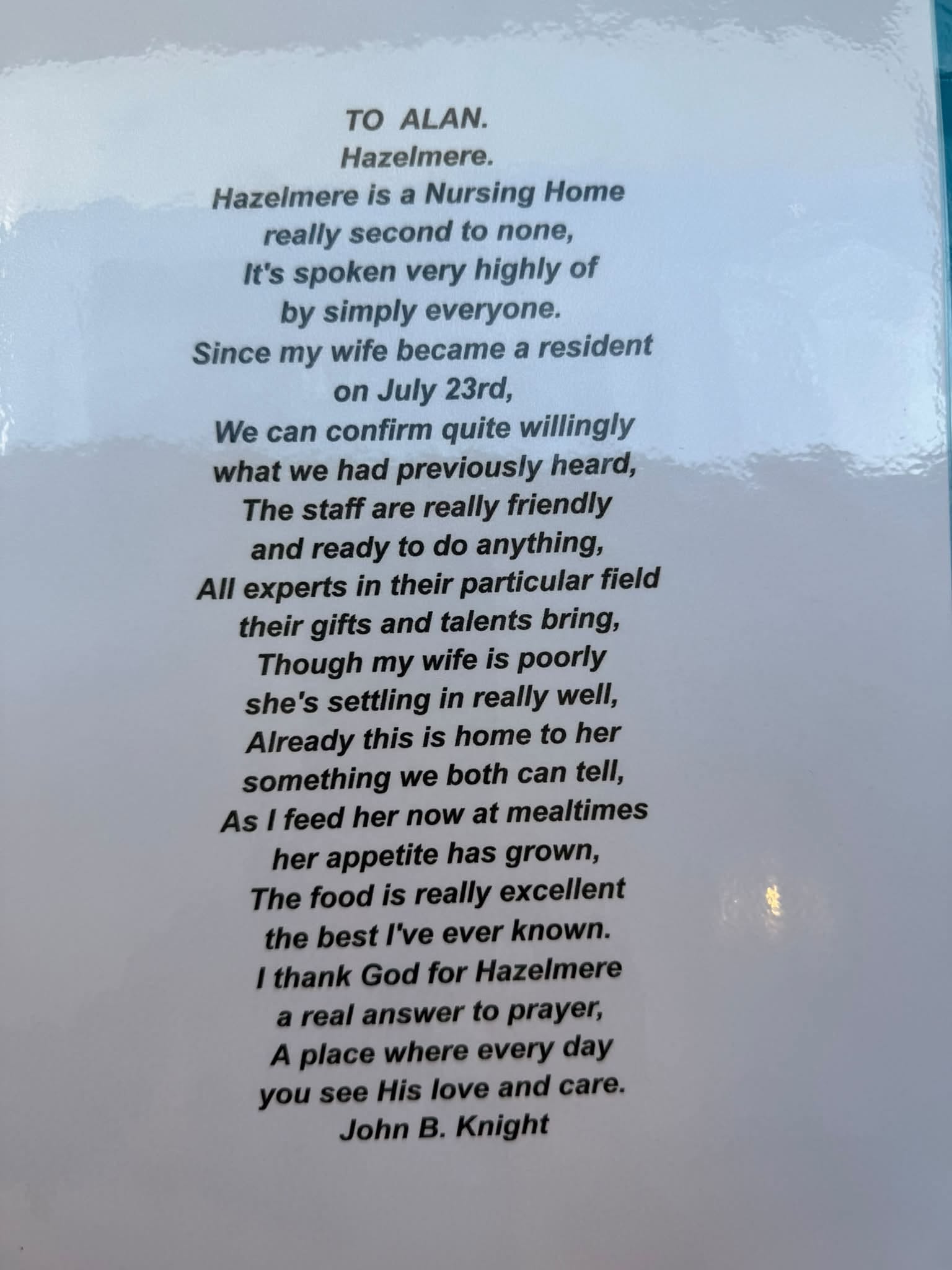 A printed poem expressing appreciation for Hazelmere Nursing Home, praising the caring staff, excellent food, and compassionate support for residents.